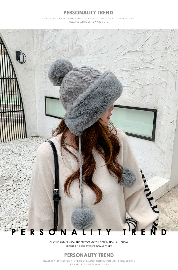 塔尔卡森 秋冬季女士可爱卖萌套头帽加绒加厚毛球纯色毛毛针织护耳保暖帽子