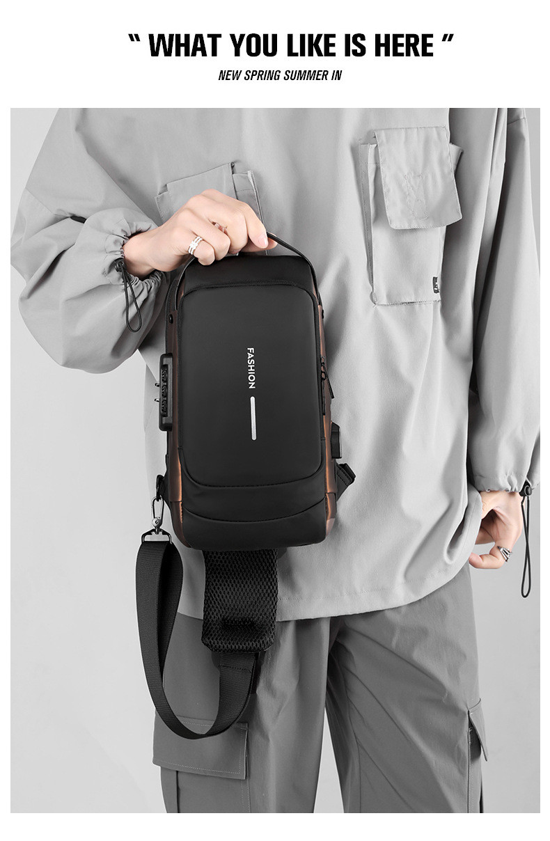 承发 皮膜胸包男士 机车包USB充电背包 通勤单肩小背包防泼水斜跨胸包