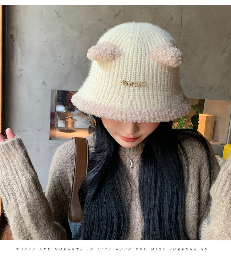 中科港 新款针织毛线时尚耳朵保暖水桶帽秋冬季女旅游盆帽子