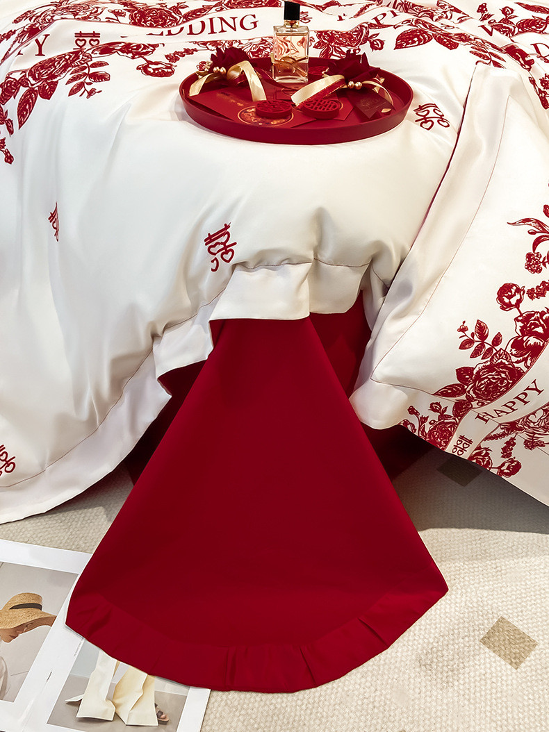 中科港  轻奢结婚四件套中式印花高级感红色被套喜庆新婚婚庆陪嫁床上用