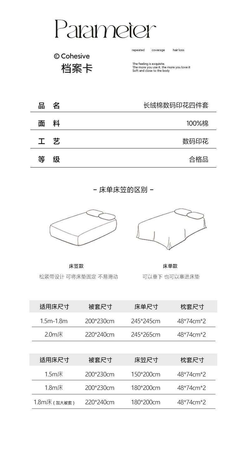 中科港 轻奢长绒棉四件套全棉高级感数码印花被套裸睡床单床笠款床上用品