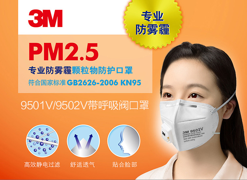 3M PM2.5颗粒物防护防雾霾口罩9501V(KN95带阀耳带式)3只/袋