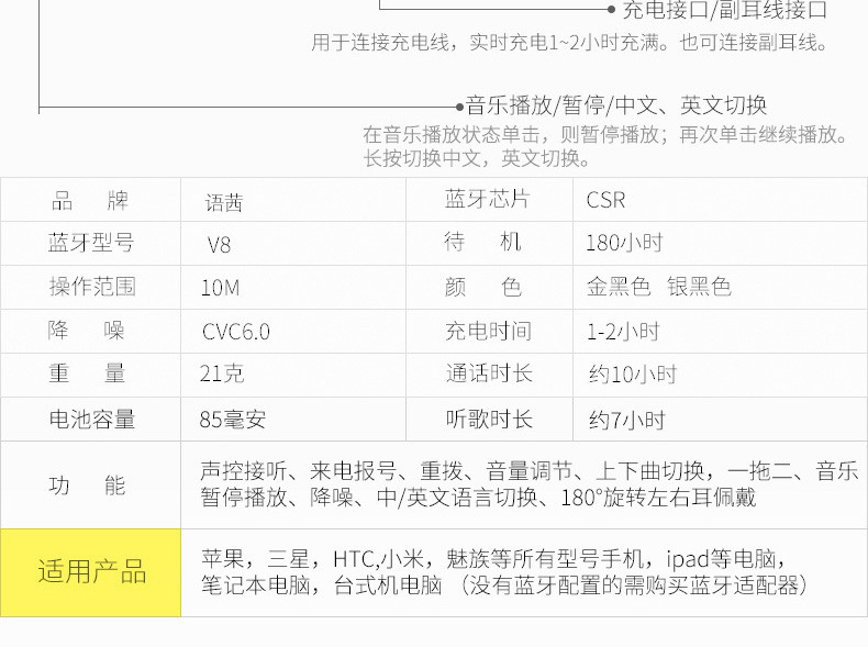 语茜/YUXI 蓝牙耳麦挂耳式耳塞式音乐商务型安卓苹果通用无线耳机蓝牙4.1报号版V8