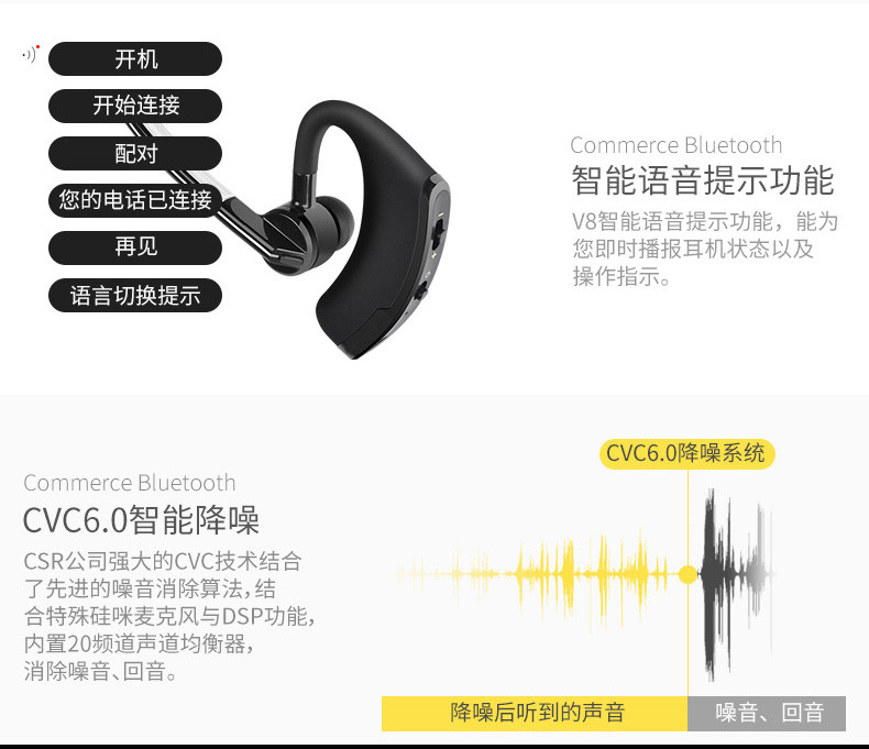 语茜/YUXI 蓝牙耳麦挂耳式耳塞式音乐商务型安卓苹果通用无线耳机蓝牙4.1报号版V8