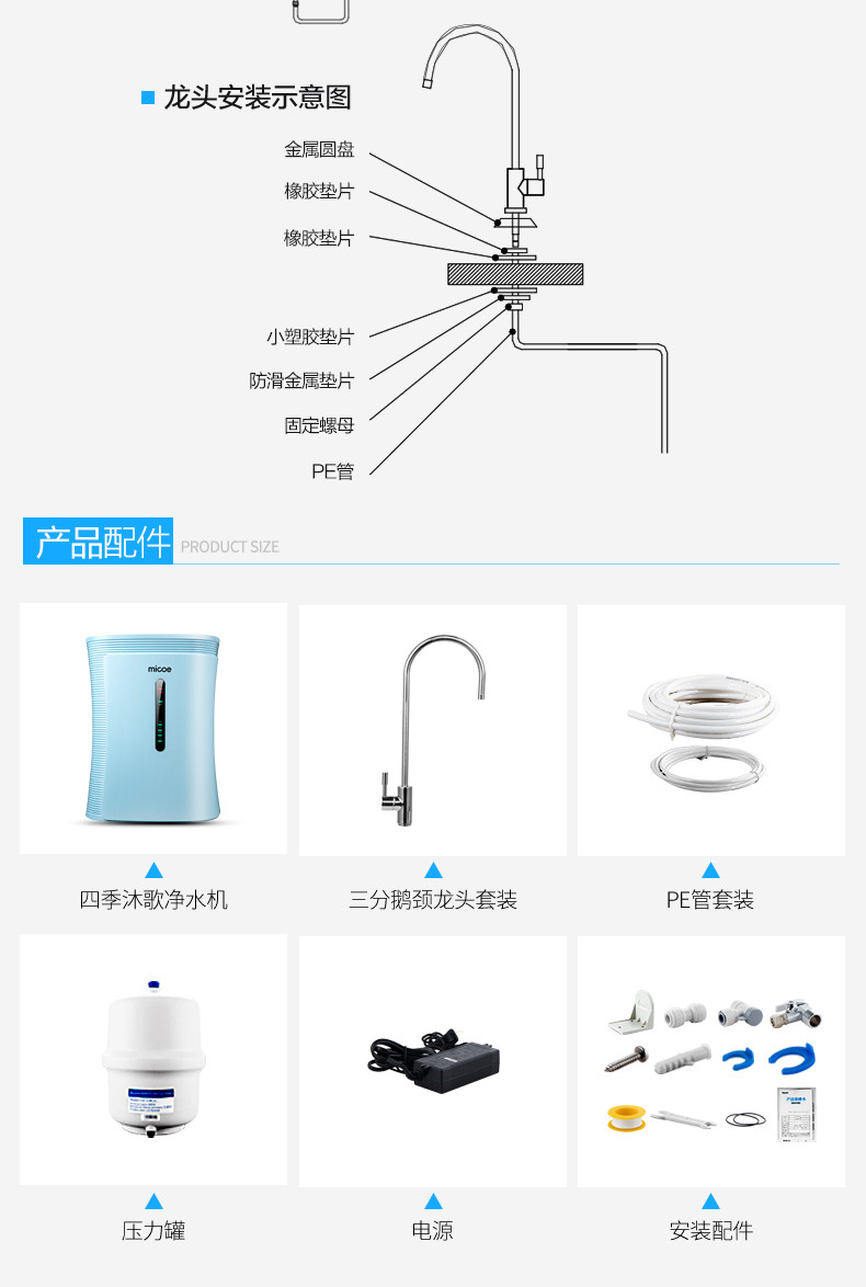 四季沐歌/MICOE 家用净水器 专利3:1超低废水 直饮大流量 反渗透智能净水机 M2 浅蓝色