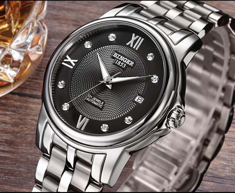 宾格 BINGER手表商务男女手表腕表全自动机械表手表男水钻精钢间金黑面钢带女