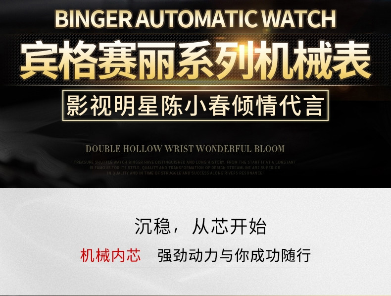 宾格（BINGER）手表男士机械表商务男表简约防水腕表赛丽系列B-5005M