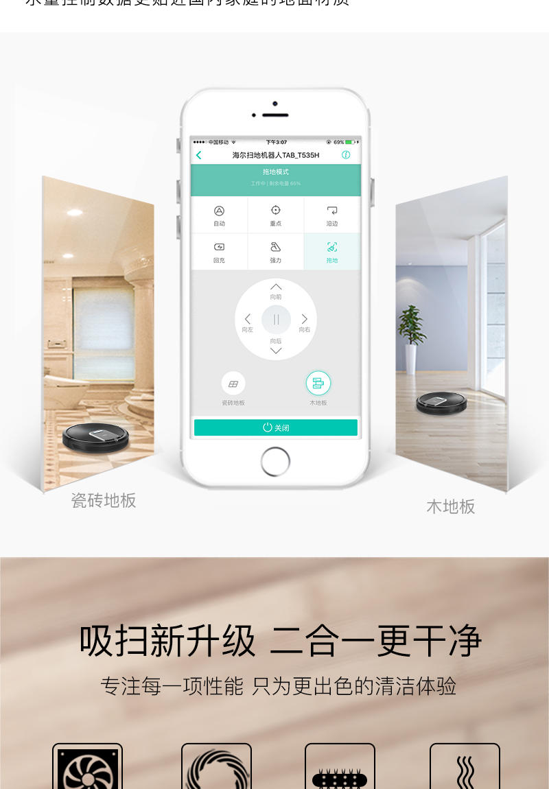 海尔/Haier 智能湿拖扫地机器人无线吸尘器吸300毫升水箱 T535H  (1)