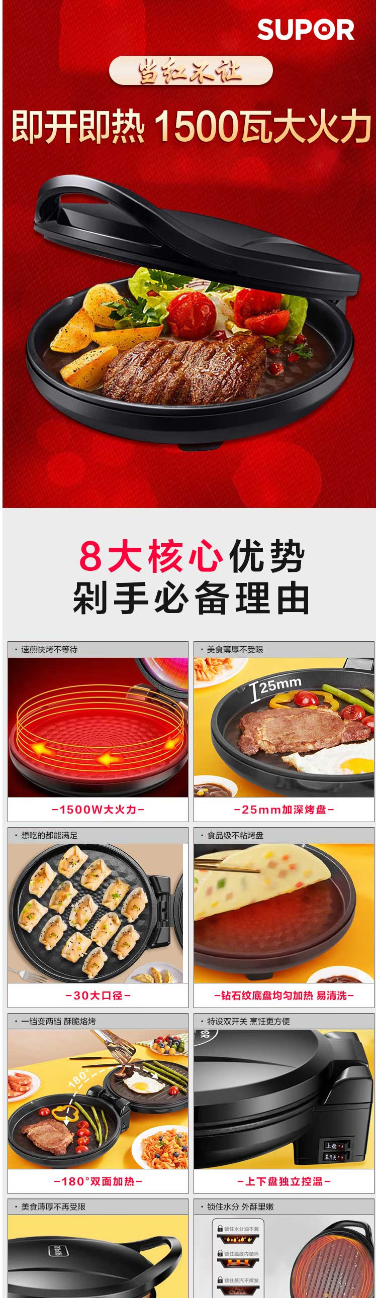 苏泊尔/SUPOR 电饼铛家用 双面加热 煎饼铛 煎烤机25mm加深烤盘早餐机 JJ30A648