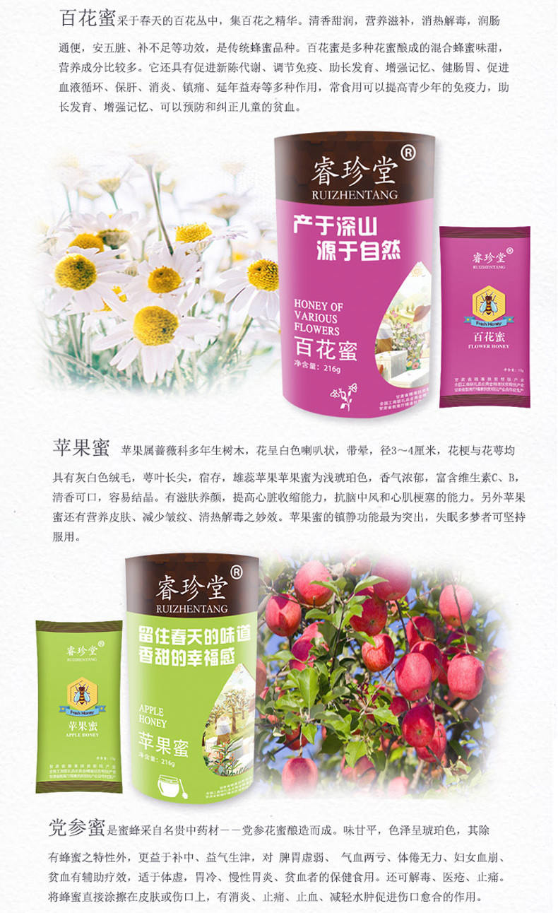 睿珍堂蜂蜜礼盒六罐装百花蜜，崖蜜，土蜂蜜、苹果蜜，洋槐蜜、12g*18袋