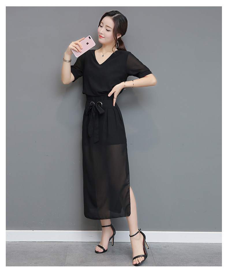 韩域丹依娜2018夏装韩版新款大码女装气质小香风修身显示收腰短袖雪纺连衣裙长裙SYX052