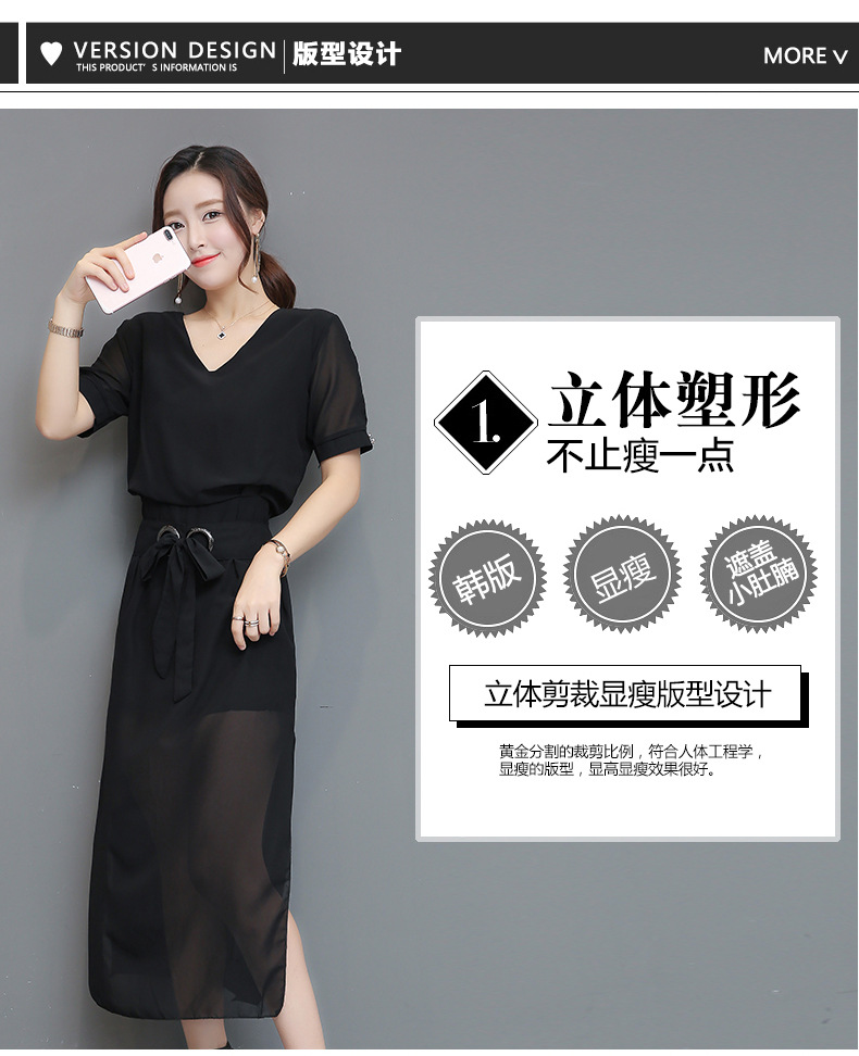 韩域丹依娜2018夏装韩版新款大码女装气质小香风修身显示收腰短袖雪纺连衣裙长裙SYX052