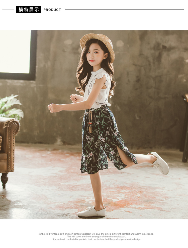 童套装2019夏季新款韩版女童中大童雪纺木耳边花朵阔腿裤两件套