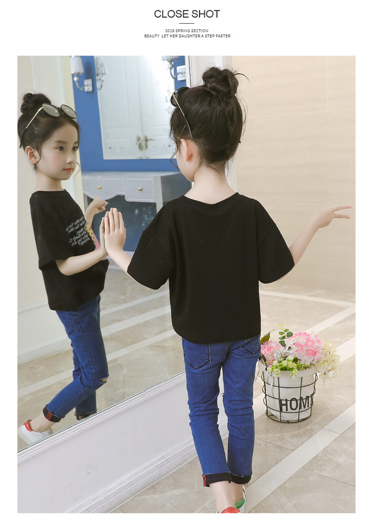 2019新款韩版童T恤女童夏装中大童儿童眼镜鸭子T恤棉童装pwy