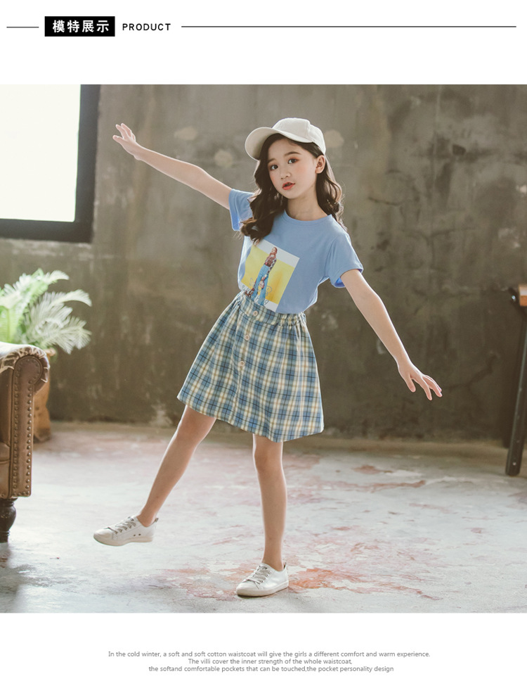 女童套装2019夏季新款韩版儿童中大童时尚贴画格子裙套