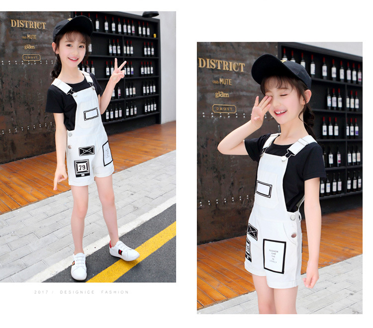 韩版童套装女童夏装中大童儿童字母贴标背带短裤两件套潮pwy