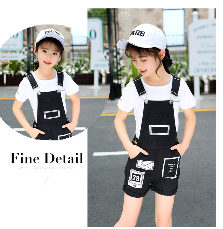 韩版童套装女童夏装中大童儿童字母贴标背带短裤两件套潮pwy