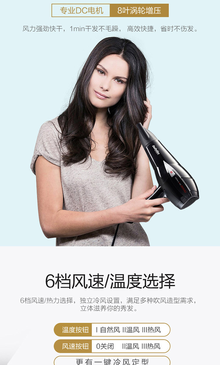 巴比丽丝（BABYLISS） 吹风机家用大功率冷热风恒温发廊收线电吹风筒1800W D371CN