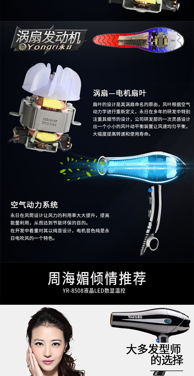 永日（yongri）大功率电吹风机LED液晶温控数显恒温静音电吹风筒黑色YR-8508