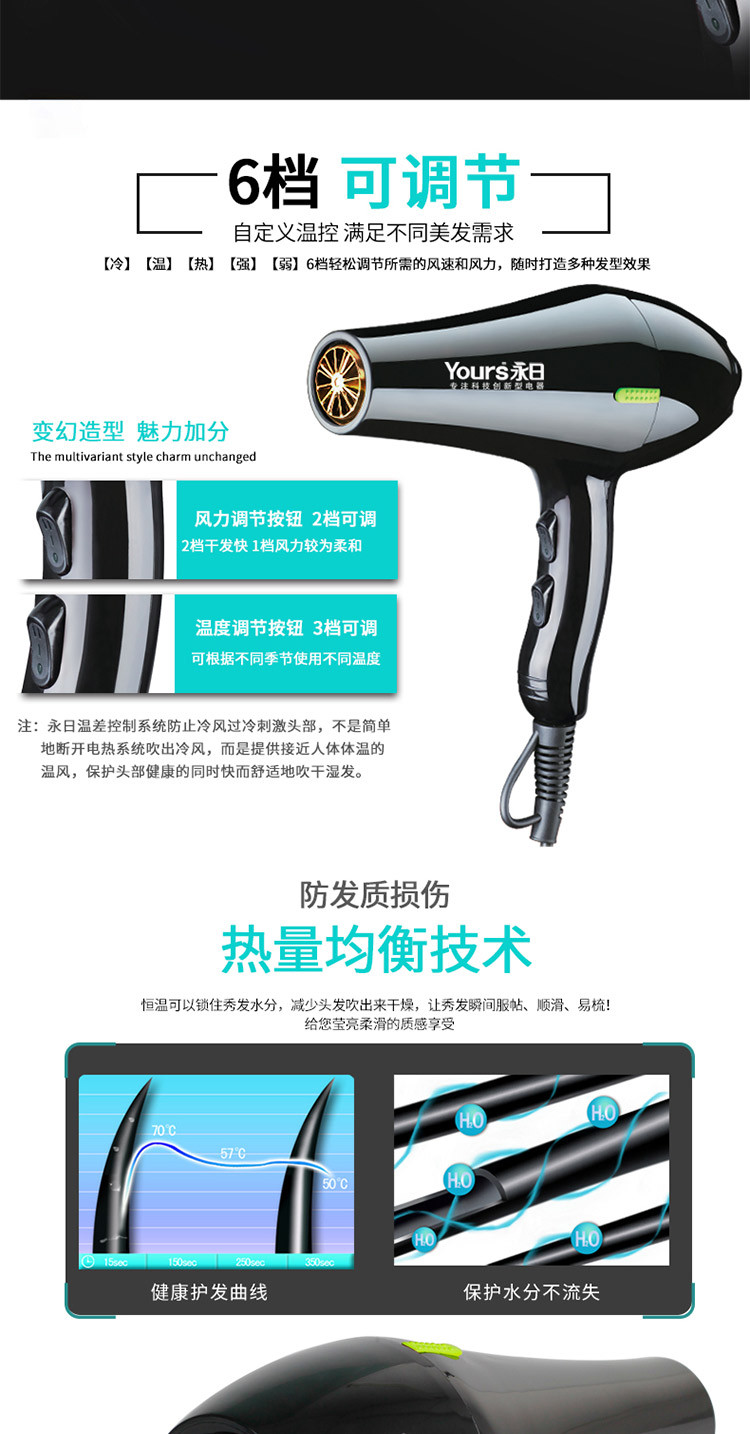 永日（yongri）家用电吹风机蓝光离子2100W大功率恒温冷热风静音吹风筒黑色YR-6217
