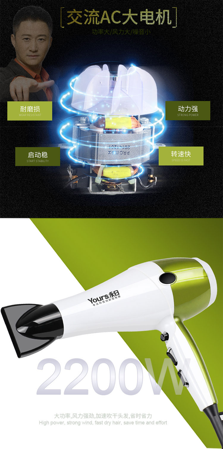 永日（yongri）大功率2200W专业家用电吹风机恒温吹风筒芥末绿YR-8999
