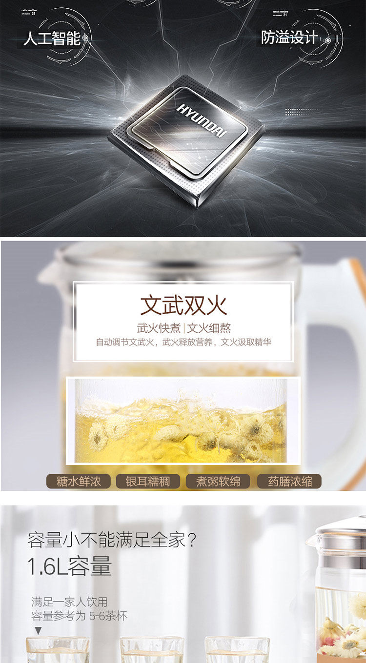 韩国现代（HYUNDAI）多功能高硼硅玻璃养生壶电热水壶QC-YS1630