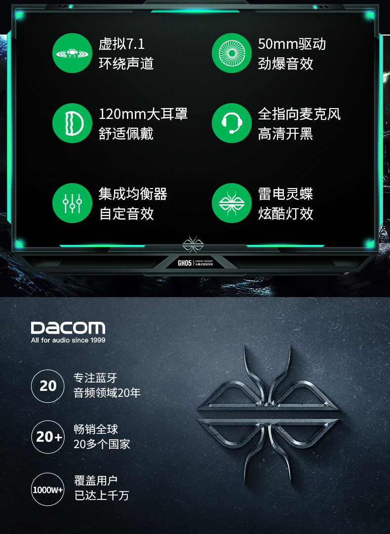 DACOM GH05 游戏耳机头戴式7.1声道环绕音效 电脑USB电竞吃鸡麦克风本有线耳麦 黑色