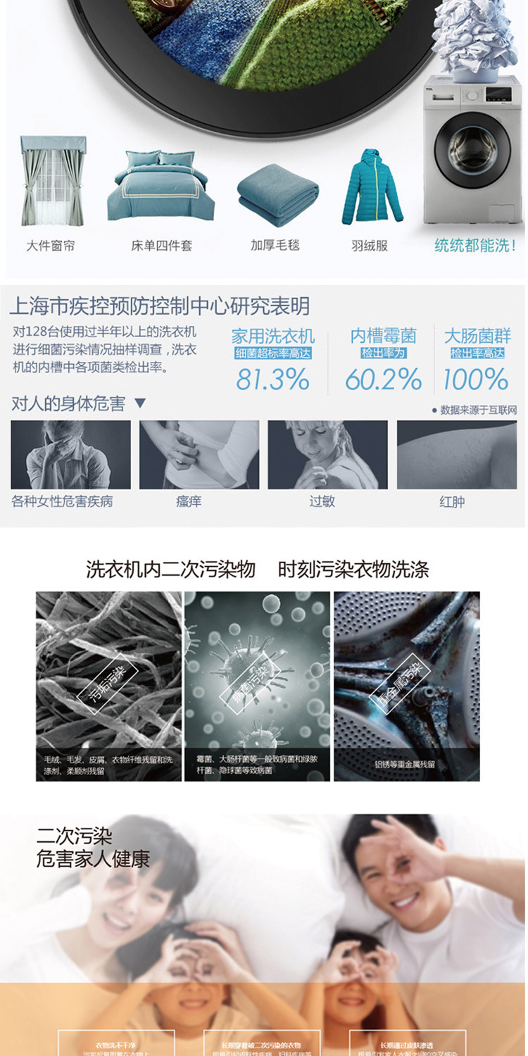 TCL 8公斤 免污变频滚筒 高温自洁 （皓月银）XQGM80-12302
