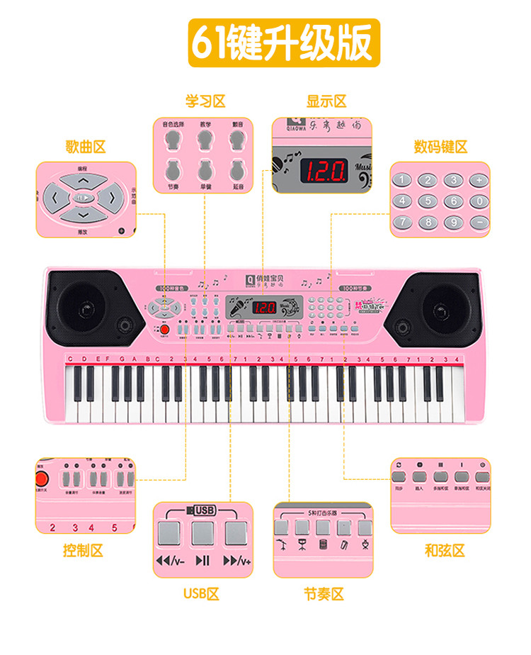 俏娃宝贝 儿童电子琴1-3-6岁多功能音乐初学女孩玩具宝宝钢琴61键