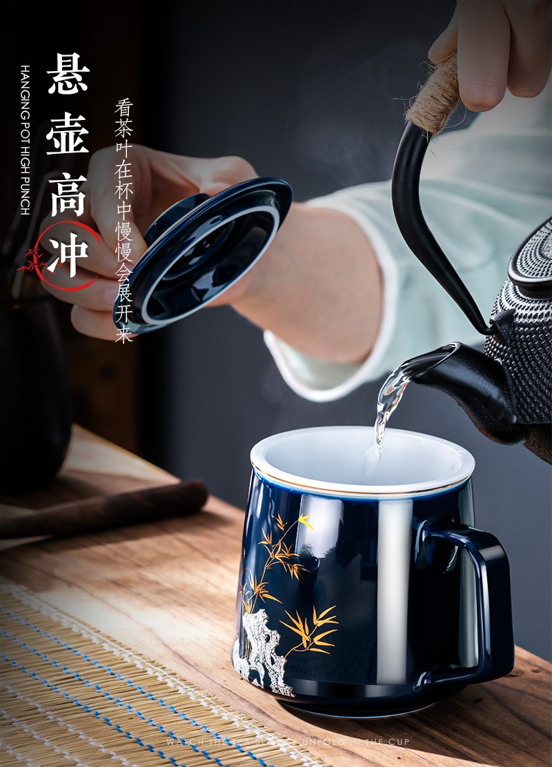 天喜 陶瓷描金泡茶杯  竹报平安+杯碟 400ML