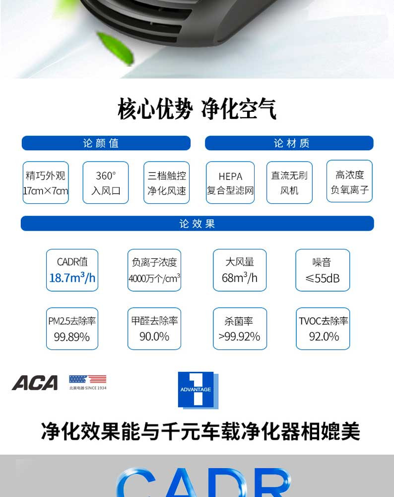 ACA车载空气净化器ALY-KJ103C（仅限南阳地区积分兑换）