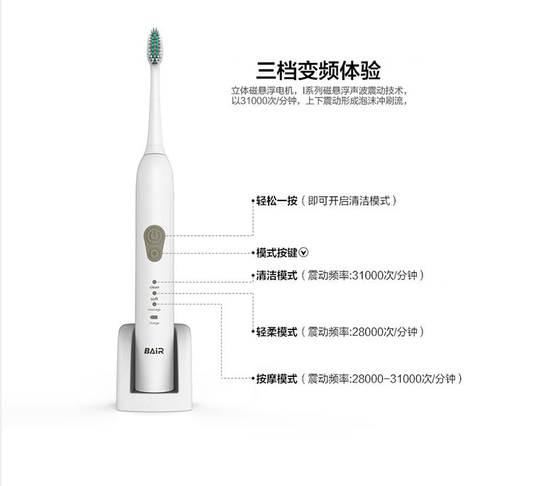 拜尔/BAIR 成人声波式充电牙刷 锂电池(配5只刷头）X5 （仅限南阳地区积分兑换）