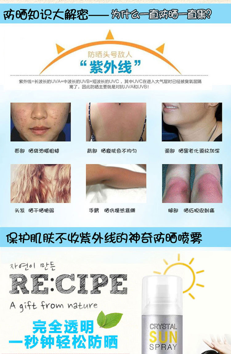 RE:CIPE透明水晶防晒喷雾SPF50 150ml 明星同款清爽保湿防水 （送品牌化妆棉一包）