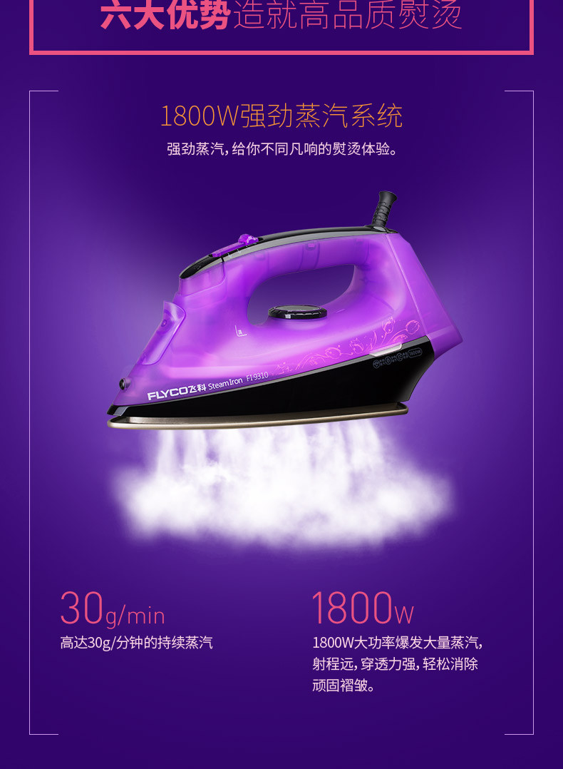 飞科/FLYCO FI9310蒸汽式电熨斗1800W 紫色