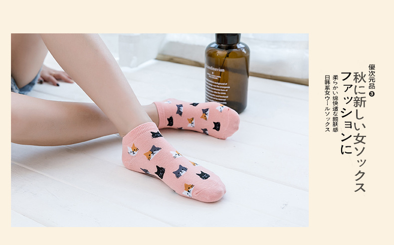 袜子 5双装夏季女士袜子猫咪休闲可爱女船袜 隐形袜 短袜 袜子
