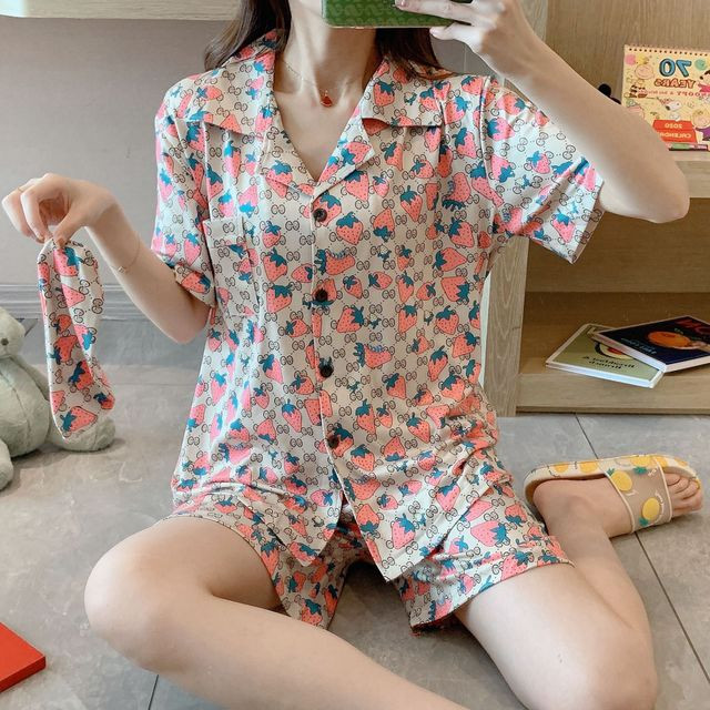 微商爆款夏季新款开衫ins风短袖女睡衣家居服两件套 送眼罩