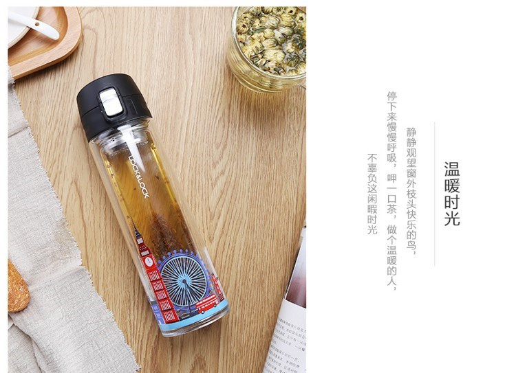 乐扣乐扣 LOCK&amp;LOCK 城市款双层耐热玻璃水杯便携随手车载杯子 350ml  LLG663