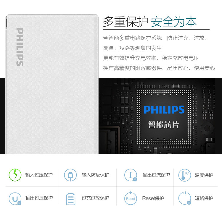 飞利浦/PHILIPS 超薄20000毫安移动电源充电宝DLP1201V白色(自带苹果线)