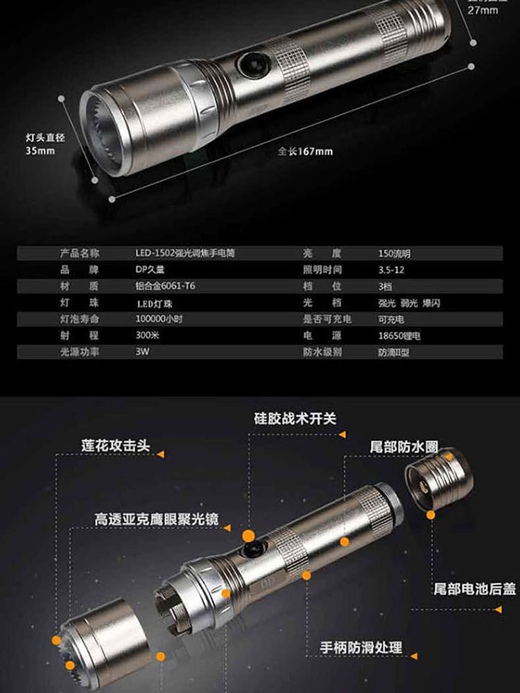 久量/DP 可充电LED远射迷你变焦强光家用户外骑行手电筒DP-1502