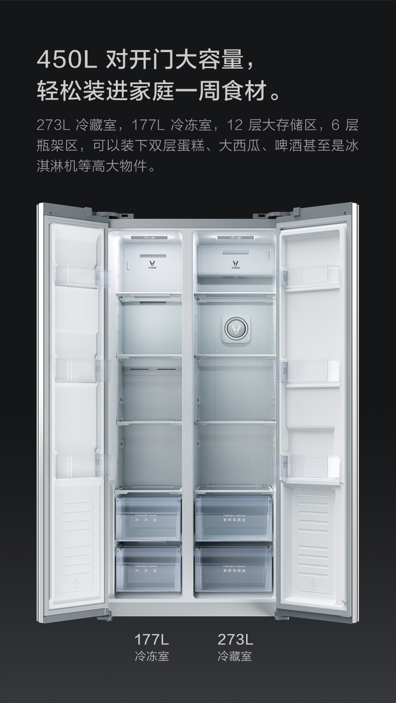 VIOMI/云米 21face 对开门450L大屏冰箱 BCD-450WMLA 变频无霜