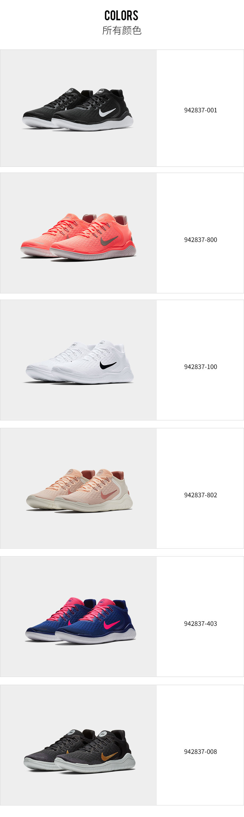 耐克 NIKE FREE RN 2018 女子跑步鞋 942837 942837-001黑/白