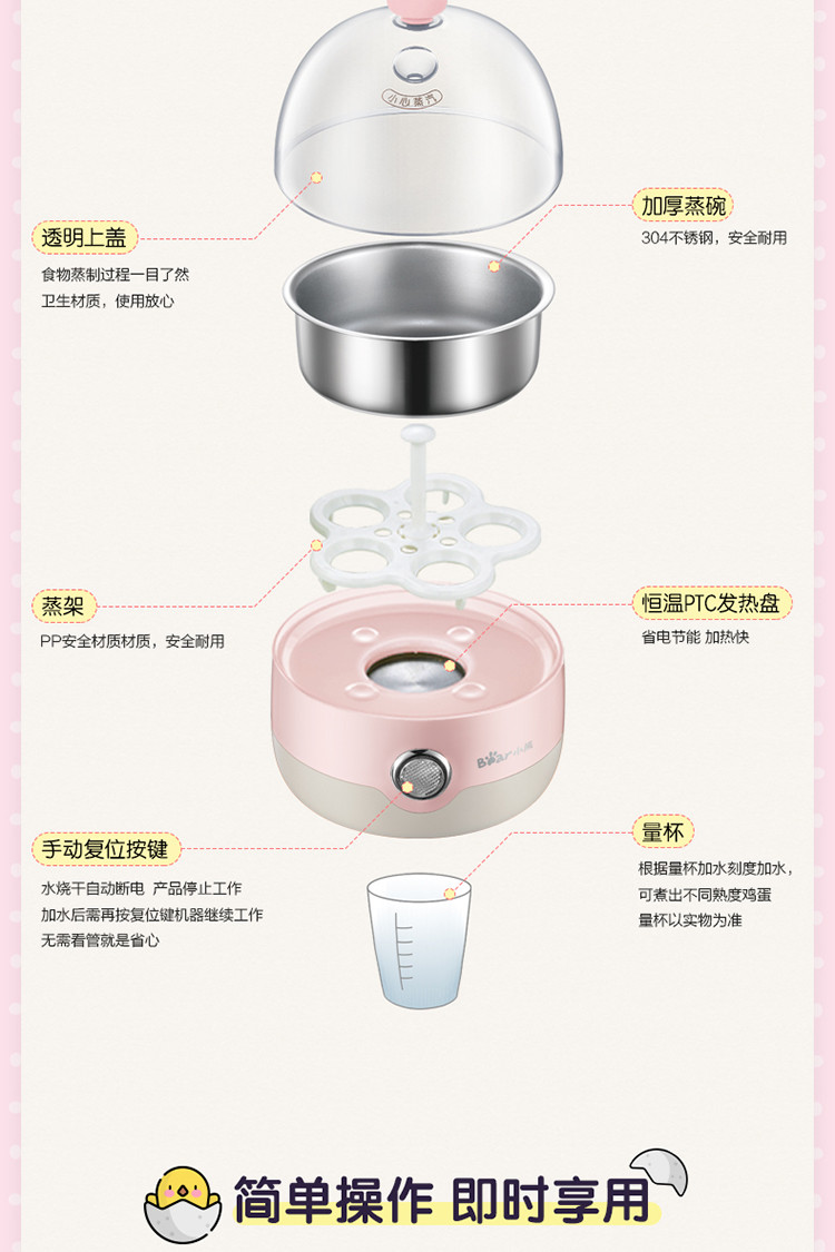 小熊（Bear）煮蛋器 家用早餐迷你机蒸蛋器自动断电智能一键式单层可煮5个蛋 ZDQ-2201粉色