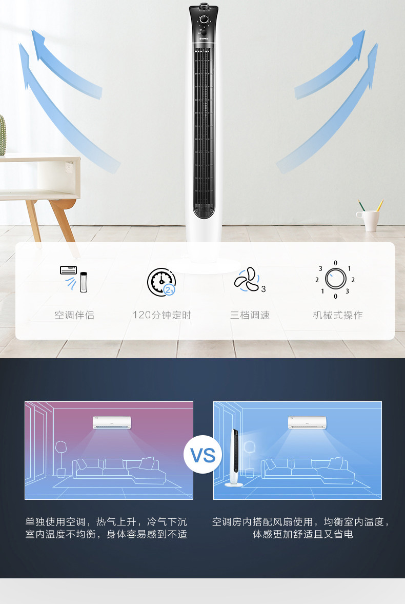 格力/GREE 电风扇落地摇头家用台式无叶静音立式壁扇轻奢塔扇塔式大风量 FL-09X61h