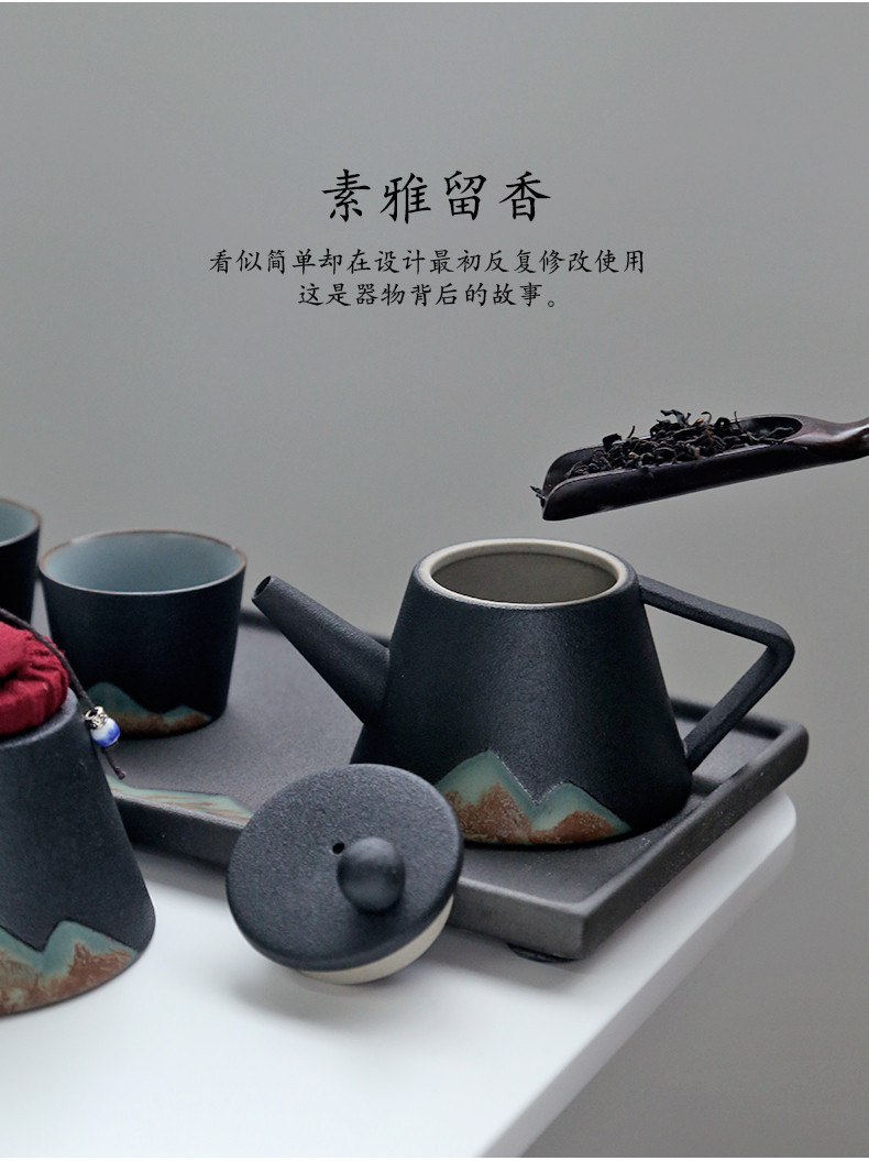 苏氏陶瓷 SUSHI CERAMICS 手绘彩画整套茶具山形画茶壶配精美茶盘茶叶罐7件功夫茶具套装