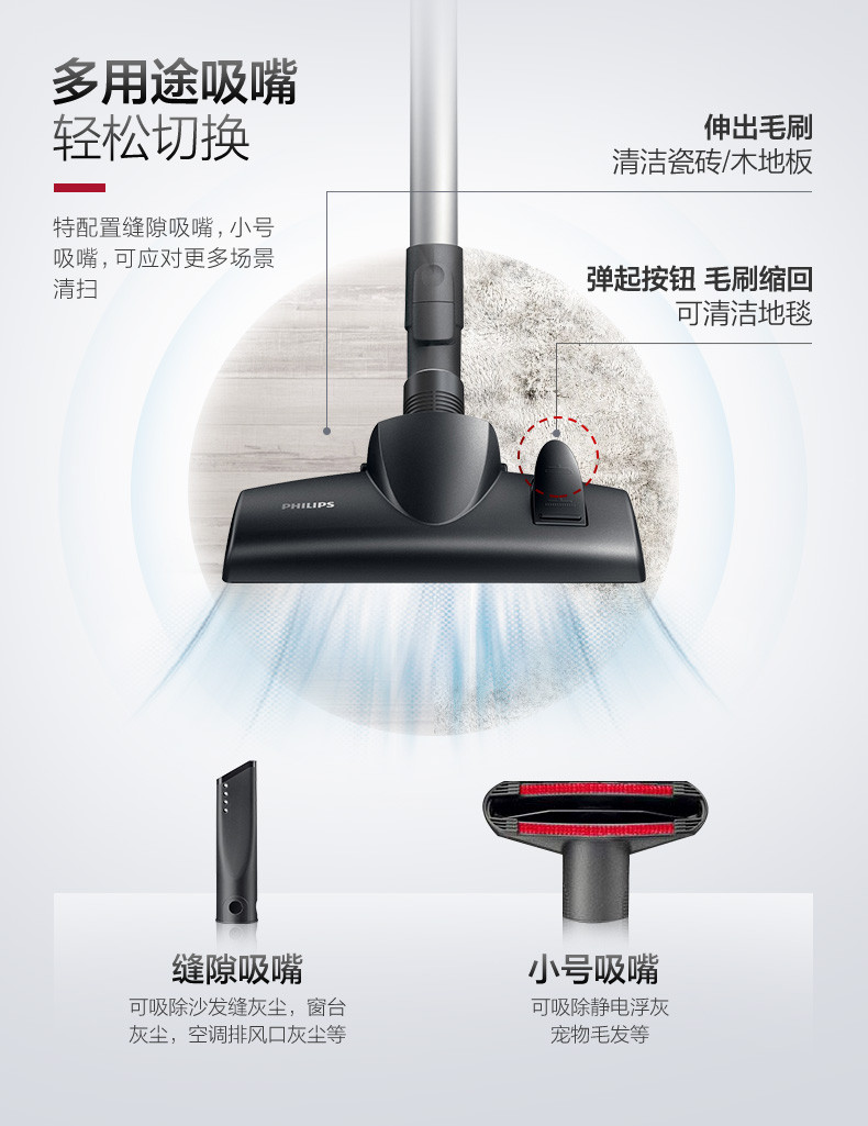 飞利浦/PHILIPS卧式吸尘器 家用大功率无尘袋吸尘机除尘器 FC8760/81