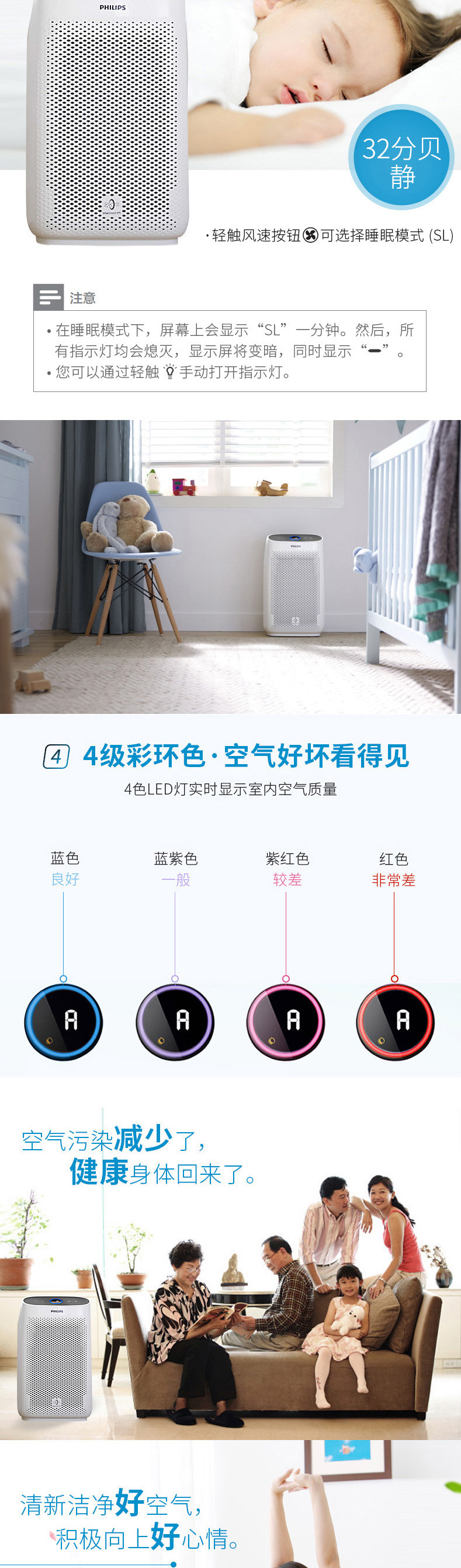 飞利浦/PHILIPS空气净化器 家用除甲醛 除雾霾除过敏原除细菌病毒智感睡眠模式AC1212/00