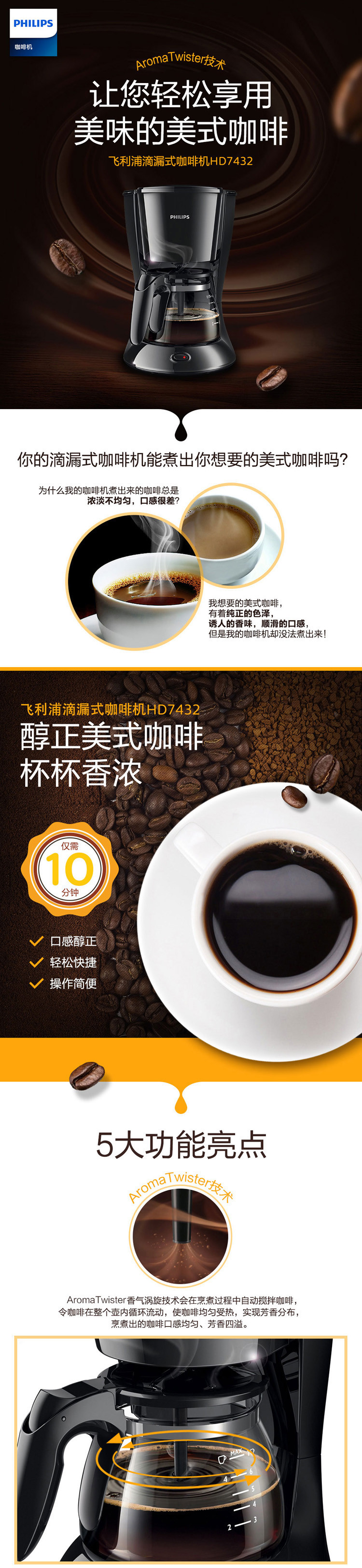 飞利浦/PHILIPS咖啡机家用滴漏式美式全自动MINI咖啡壶 可煮茶 HD7432/20