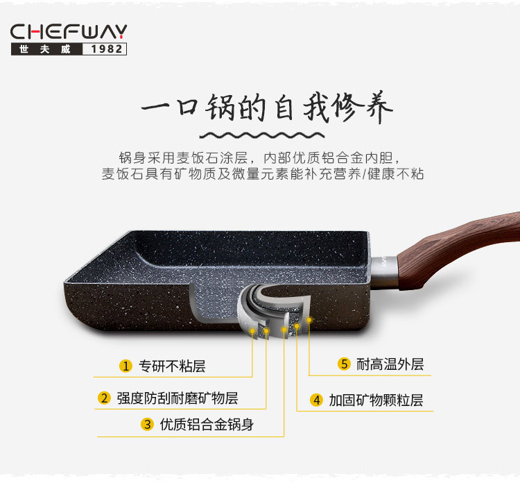 CHEFWAY 麦饭石平底锅 不粘锅 玉子烧煎蛋牛排锅 燃气电磁炉通用 玉子烧锅 18厘米