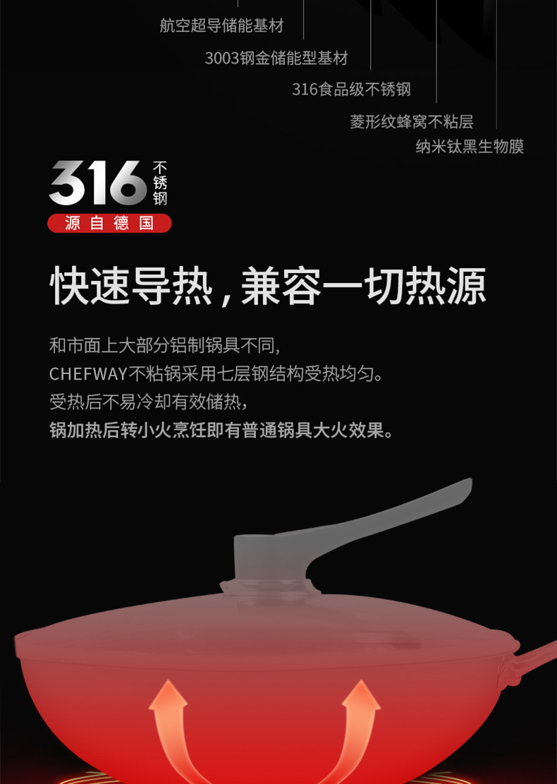 CHEFWAY 不锈钢炒锅不粘锅304升级316源自德国不锈钢锅燃气电磁炉炒锅通用少烟不沾炒菜锅