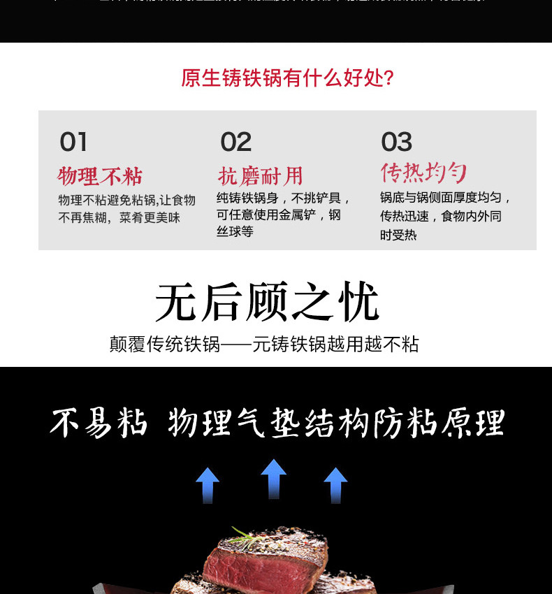 CHEFWAY 元铸铸铁煎锅28cm 不锈铁锅 物理不沾 少油烟无涂层 燃气电磁炉通用 黑色